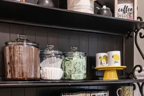 Stocked coffee bar is waiting for you in the morning as your raise for an early brew.