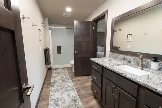 Spacious lower-level bathroom featuring a walk-in shower and granite vanity, with access from the king bedroom and the lower-level hallway.