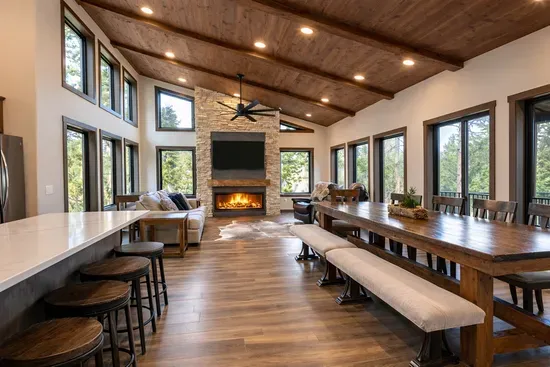 The open great room at Quittin’ Time features soaring ceilings, a stone fireplace, and wall-to-wall windows overlooking the forest. A large dining table and spacious seating make it perfect for gathering after a day exploring the Black Hills.