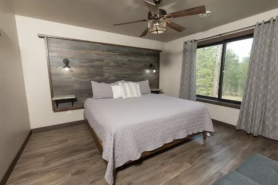 Lower-level king bedroom with forest views and a connecting bathroom that can be accessed from both the bedroom and the lower-level hallway.