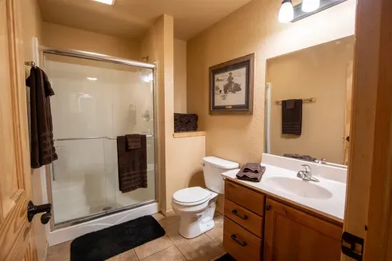 The lower level bathroom features a walk-in shower and ample counter space, making it easy to get ready and refreshed during your stay.