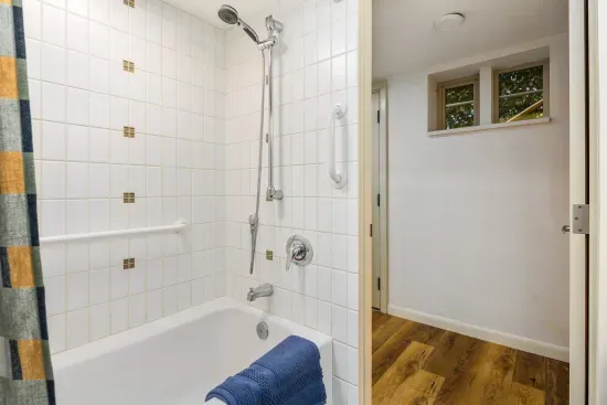 Bath shower with handrails, grab bars, and handheld shower nozzle