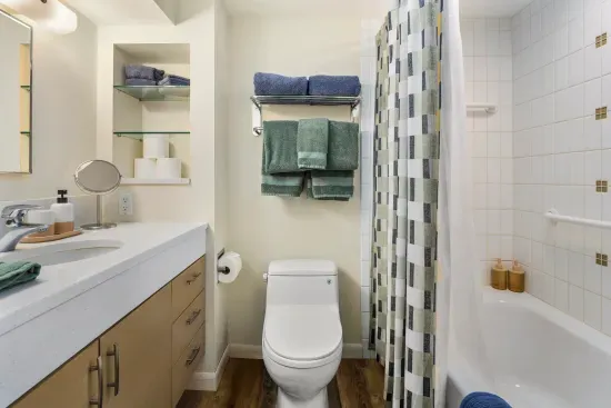 Full bathroom with nozzle-handle shower, four sets of fluffy towels, and soaps