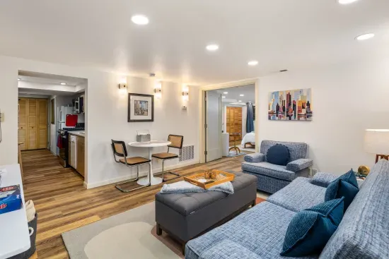 Plenty of dimmable lighting in your living room with dining area