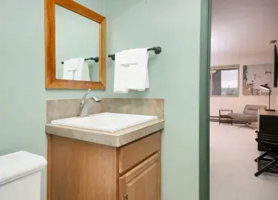 The downstairs bedroom also features a dedicated half-bath.