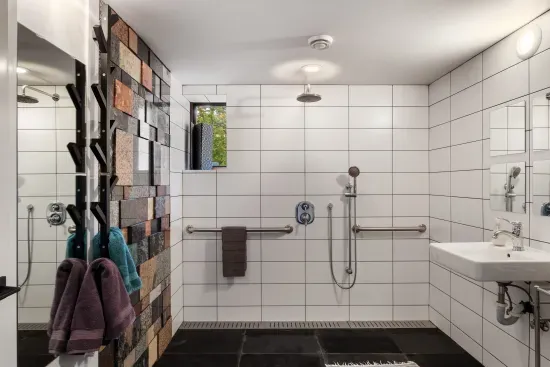 This ADA compliant ground bathroom has a curb-less shower, a six foot hand held shower nozzle, grab bars and handrails, a wheel-under sink, and soaps, shampoo, and conditioner.