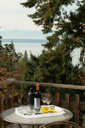 Guests can soak up the water and mountain views from the deck off of the kitchen.