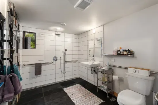This ADA-compliant ground-floor bathroom features a curb-less shower with a six-foot handheld shower nozzle, grab bars and handrails, a wheel-under sink, and provided toiletries including soap, shampoo, and conditioner.