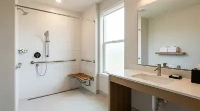 Accessible bathroom with walk-in shower and fold-down seat