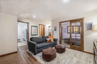 Lower level family room. Queen sleeper sofa with a memory foam mattress.