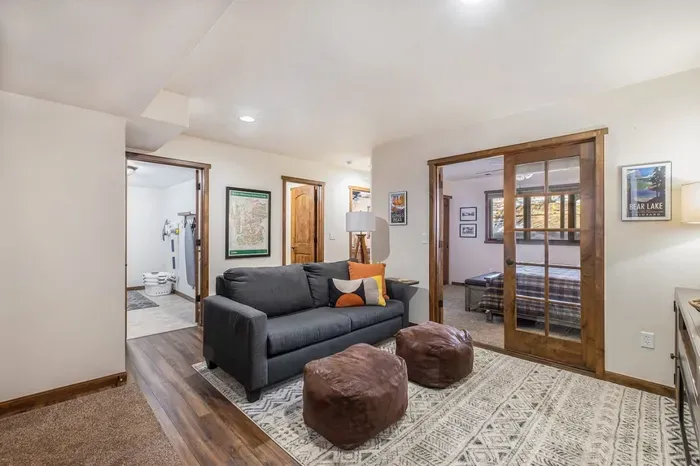 Lower level family room. Queen sleeper sofa with a memory foam mattress.