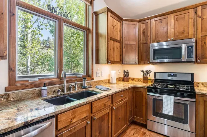 Kitchen with stainless steel appliances and coffee maker.  We have a 12-cup drip coffee maker and a Keurig.
