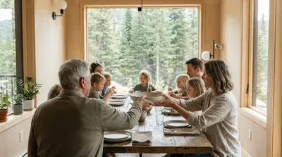 Family enjoys a meal together in a modern dining room