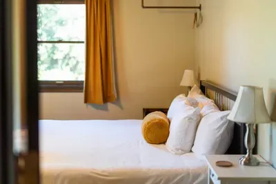 Cozy bedroom with crisp linens, soft bedside lighting, and warm natural light from the window.