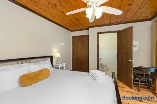 Cozy rustic bedroom featuring a neatly made bed with crisp white linens and a mustard bolster pillow, warm wood-paneled ceiling, ceiling fan, hardwood floors, bedside table with lamp, and an adjoining bathroom.