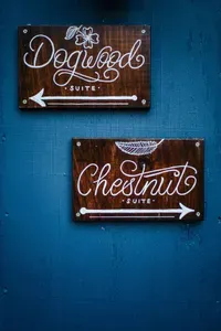 Charming suite signs adding a rustic, personalized touch to the property.