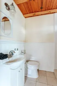 Classic Bathroom: Bright, charming bathroom with a pedestal sink, modern fixtures, and warm wood ceiling accents.