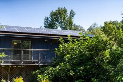 Peaceful woodland retreat with a private deck, lush greenery, and solar-powered charm.