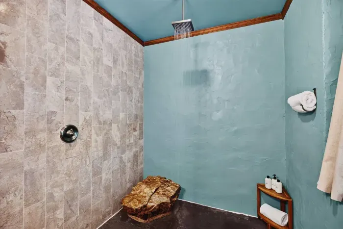 Walk-in shower with a rainfall showerhead, stone tile accents, and a modern rustic design.