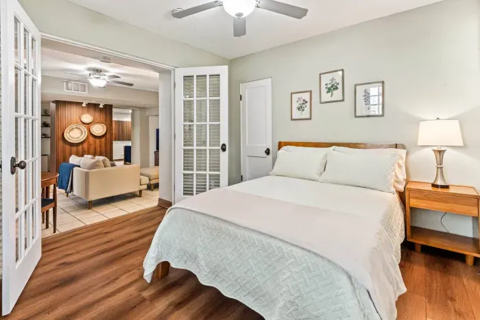 Guest Bedroom with Double Bed. There is a small step up to get to this room from the living room.