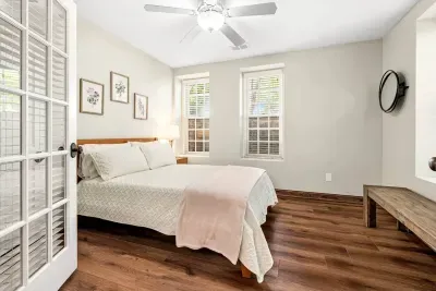 Guest Bedroom with Double Bed. There is a small step up to get to this room from the living room.