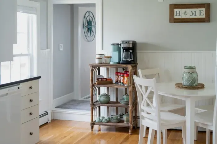 Fully stocked kitchen with tea and coffee.