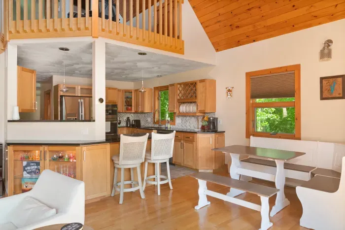 Kitchen with an open view to the dinging room and living room