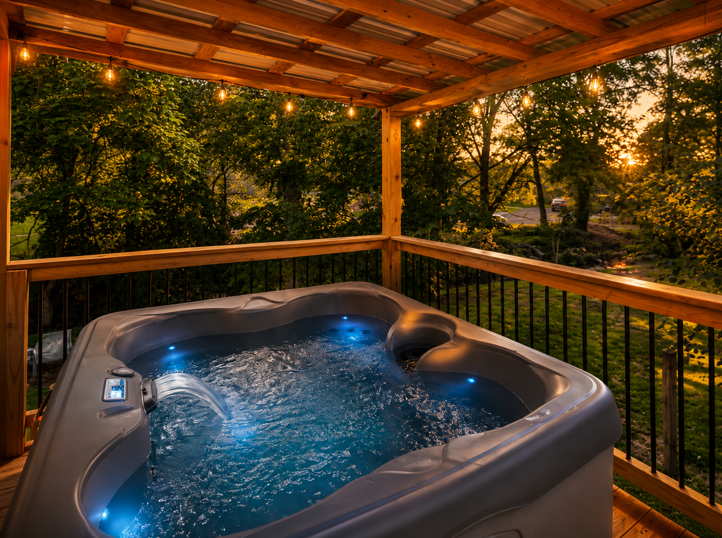 Relax in the covered hot tub with string lights and sunset tree views