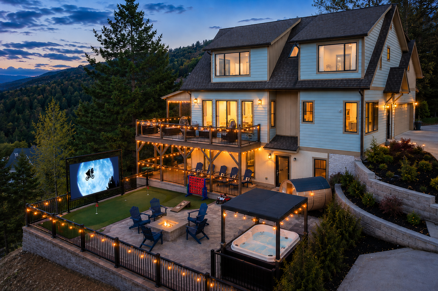 Mountain retreat with hot tub, fire pit, decks & outdoor movie nights