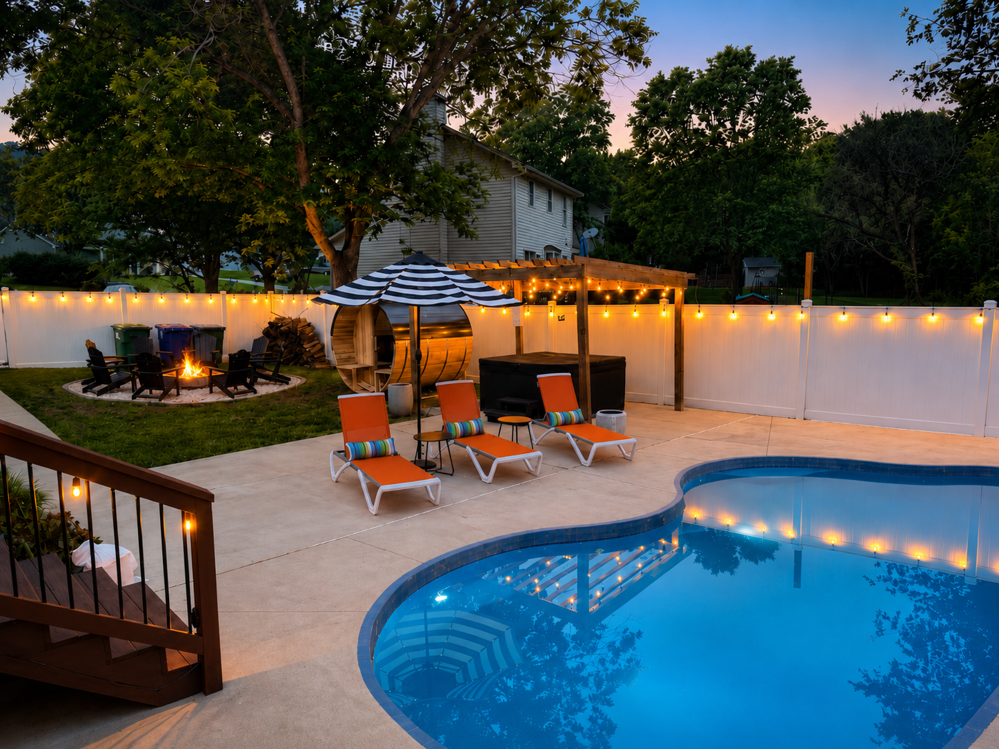 Private pool, fire pit & sauna with magical evening lighting