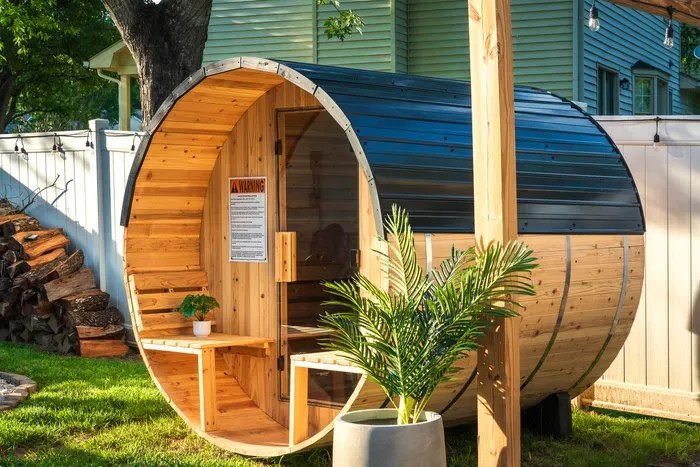 Private backyard barrel sauna for a relaxing spa-like retreat