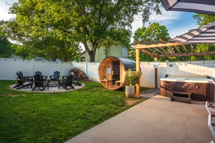 Private backyard oasis with hot tub, sauna, and fire pit seating