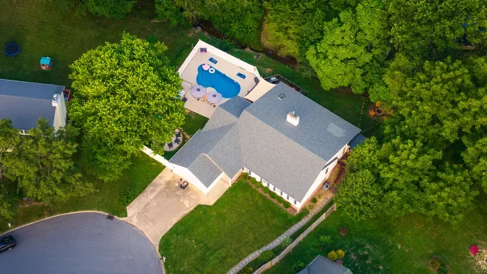 Private backyard pool oasis on a spacious, tree-lined lot