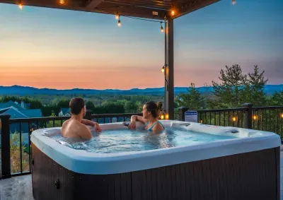 Sunset mountain-view hot tub on a cozy, covered deck