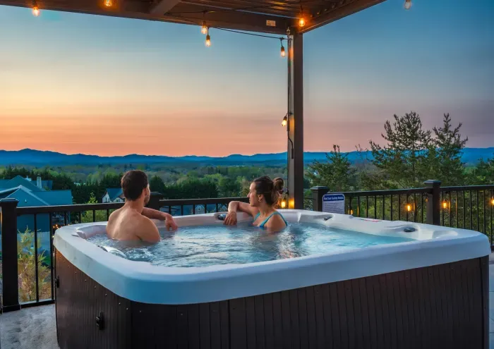 Sunset mountain-view hot tub on a cozy, covered deck