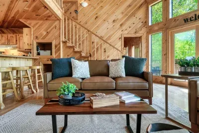 Relax on the brown couch and soak in the sky-high views.