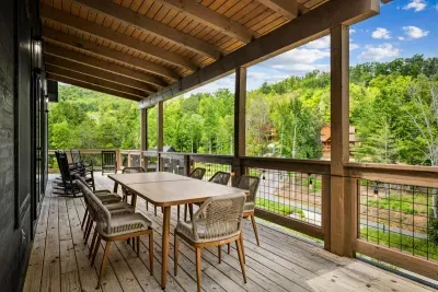 Dine outside under cover with the ridgeline out in front of you. Morning coffee, late dinners, and the sound of the woods in between.