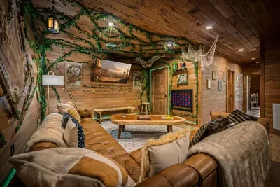 Leather sectionals under a canopy of vines and branches. The lower-level den where the movie nights start early and the talks run late.