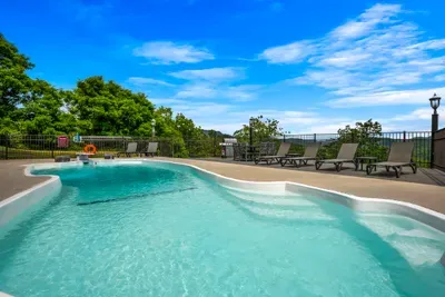 Freeform pool with a shallow ledge for the little ones