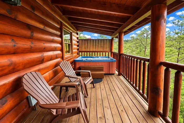Soak in the hot tub, then relax in the rocking chairs—perfect balance of comfort and calm.