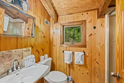 A bright bathroom wrapped in knotty pine — pedestal sink, walk-in shower, and a little window onto the woods. Compact, clean, and full of cabin warmth.