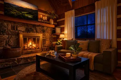 Floor-to-ceiling stone fireplace anchors this sun-drenched living room — plaid throws, leather accents, and ridge views through every window. Stay-in nights were made for this.