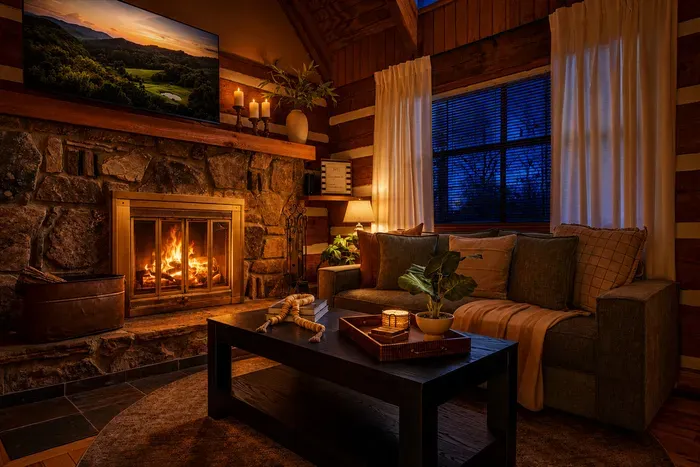 Floor-to-ceiling stone fireplace anchors this sun-drenched living room — plaid throws, leather accents, and ridge views through every window. Stay-in nights were made for this.