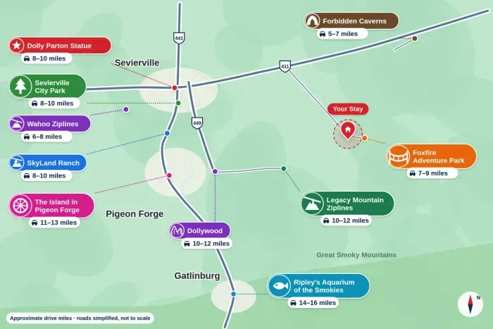 Discover exciting attractions just a short drive from your stay, including Dollywood, The Island in Pigeon Forge, SkyLand Ranch, Forbidden Caverns, and more. Adventure, family fun, and unforgettable Smoky Mountain experiences are all nearby.