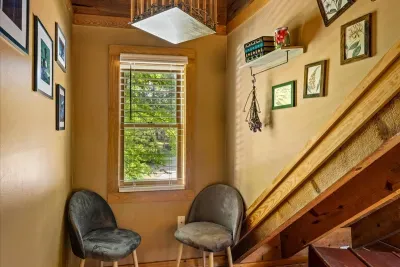 A skylit reading nook with two velvet chairs and a window full of leaves. Coffee at sunrise, wine at dusk, and a book you might actually finish on this trip.
