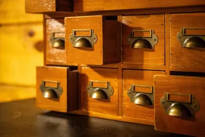 Brass-pulled apothecary drawers glowing under lamplight — the kind of handcrafted detail that makes a guest stop scrolling and start imagining the trip instead.