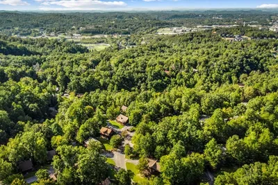 Hardwood ridges roll to the horizon in every direction — trails, overlooks, and mountain-town restaurants all within an easy drive of the cabin's quiet wooded hollow.