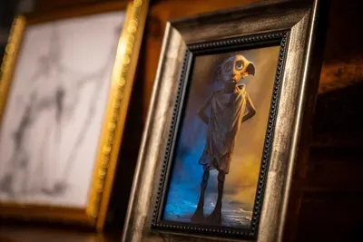 A framed magical portrait keeping watch over the hallway — one of dozens of hidden nods scattered through the cabin for fans of a certain wizarding series. Spot them all.