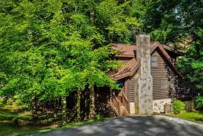 Sunlight cuts through the hardwoods onto a classic log cabin with a stacked-stone chimney and level parking right at the door. Arrive, unload, and let the trees close in.