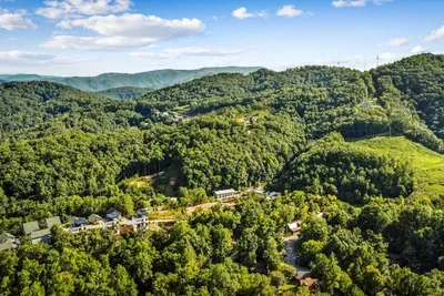 Layered blue ridgelines roll out past the treetops — the mountain views that bring guests back to the same week every year. This is the backdrop for the whole trip.